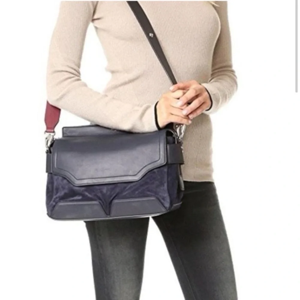 Rag & Bone Small Pilot Navy Blue Red Accent Leather Suede Zip-Up Satchel Bag